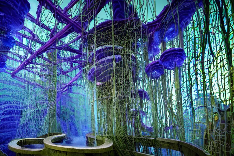 Image similar to favela jellyfish cathedral coaster hive, art nouveau waterfall environment, industrial factory, terrifying, award winning art, epic dreamlike fantasy landscape, ultra realistic,