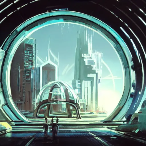 Image similar to centered circular derelict portal in a middle of a futuristic cityscape located under a bridgeway, world seen only through a portal, daylight, cinematic perspective, cinematic lighting, blue sky, syd mead, john harris, symmetrical