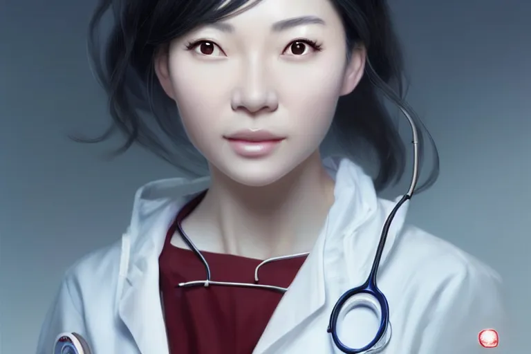 Image similar to an elegant and beautiful chinese female doctor in a white coat in a hospital ward, cinematic, highly detailed, digital painting, artstation, concept art, matte, sharp focus, illustration, art by artgerm and greg rutkowski