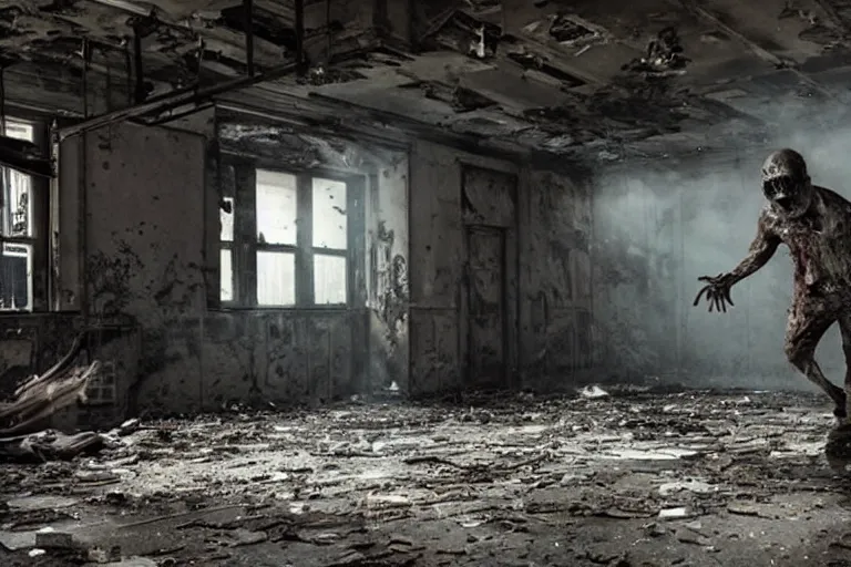 Image similar to dystopian hazmat chased by zombie in dilapidated building. by Roger Deakins