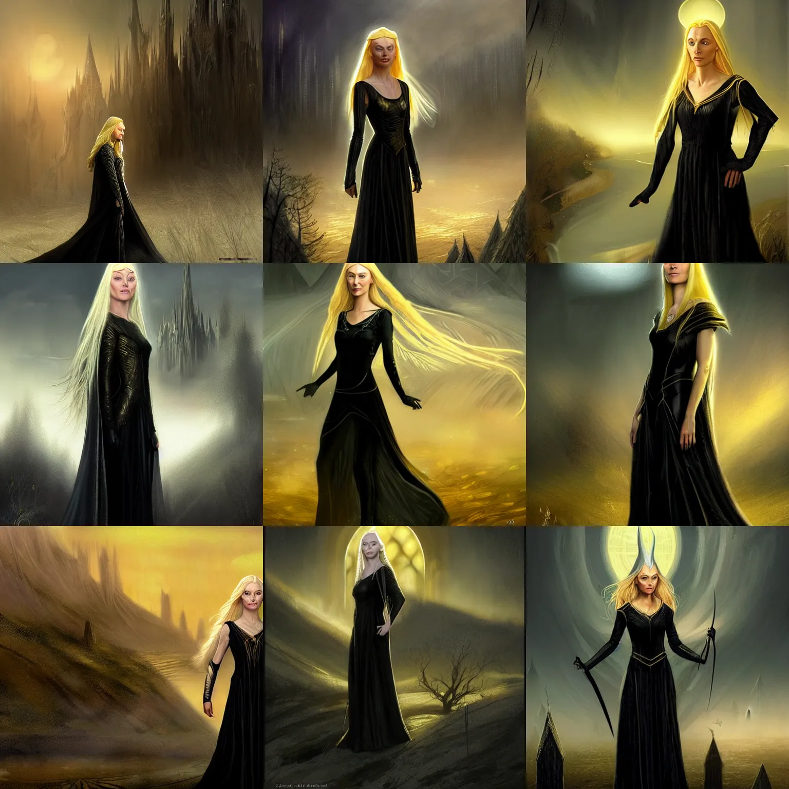 Prompt: Galadriel with golden hair, dressed in a black dress. The background is a eastern european landscape. hyperrealistic, detailed, cinematic lighting, atmospheric, fantasy concept art by Simon Bisley and Tyler Edlin
