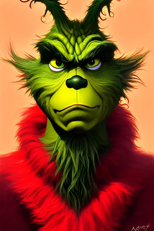 Image similar to symmetry!! intense fanart of 3 / 4 front pose of the grinch, protagonist, intricate,, highly detailed, my rendition, digital painting, artstation, concept art, perfect, smooth, sharp focus, illustration, art by artgerm and greg rutkowski and alphonse mucha