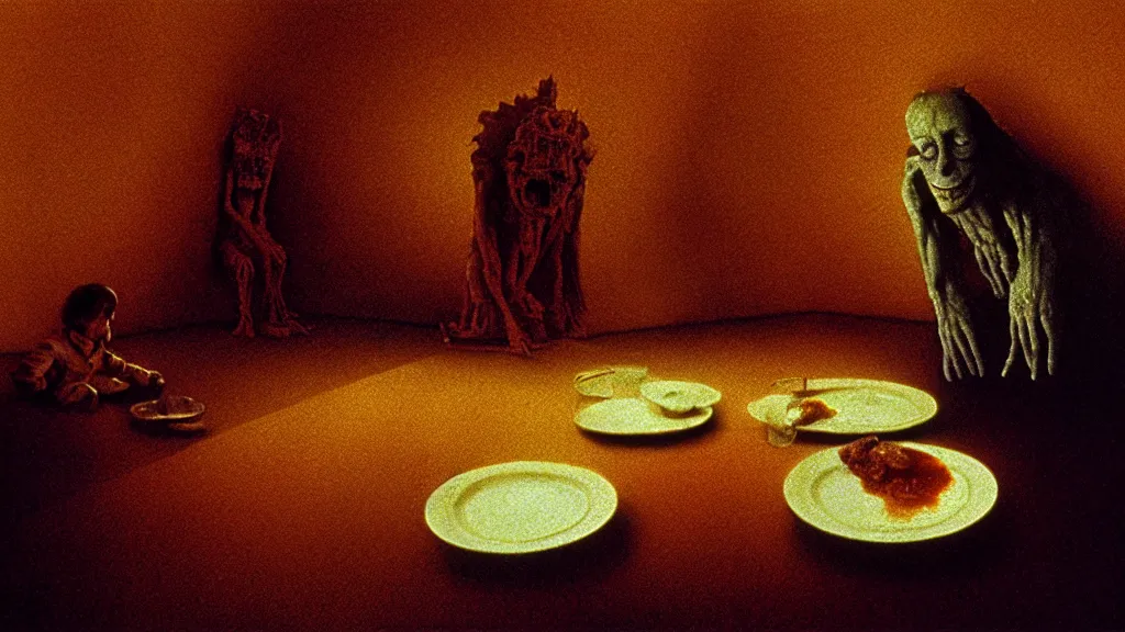 Image similar to the face with the plate of food under my bed, film still from the movie directed by denis villeneuve and david cronenberg with art direction by salvador dali and zdzisław beksinski, wide lens