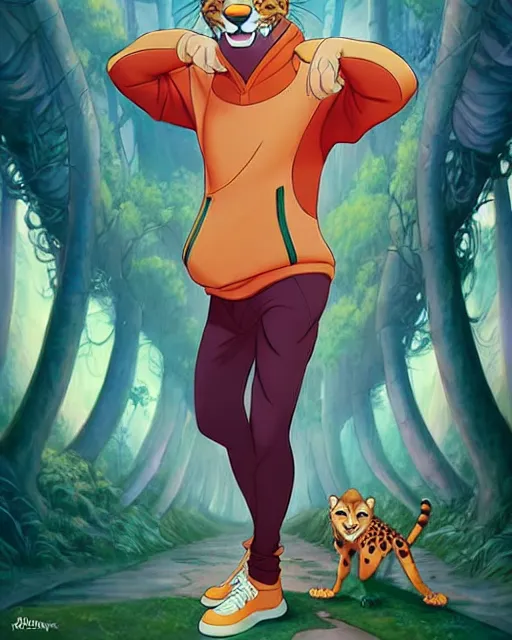 Image similar to don bluth, loish, artgerm, joshua middleton, anthropomorphic cheetah, wearing a track suit, smiling, symmetrical eyes symmetrical face, colorful animation forest background