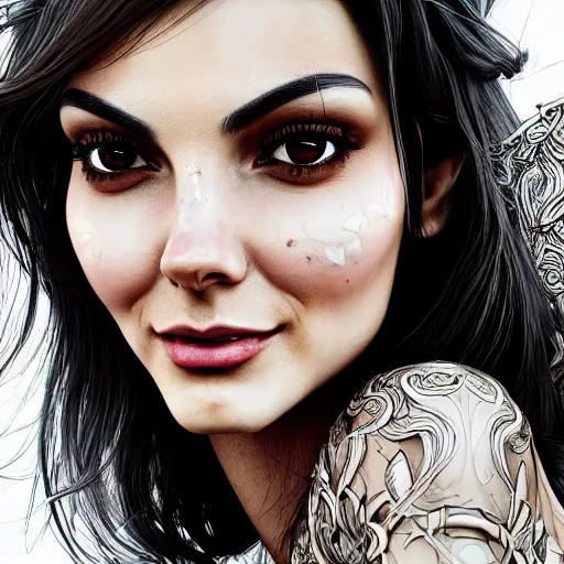 Prompt: the closeup portrait of an absurdly beautiful, graceful, cool, laid - back, streetfashionable victoria justice, an ultrafinehyperdetailed illustration by kim jung gi, irakli nadar, vania zouravliov, intricate linework, colors, smooth skin, hip features, unreal engine 5 highly rendered, global illumination, radiant light, detailed and intricate environment