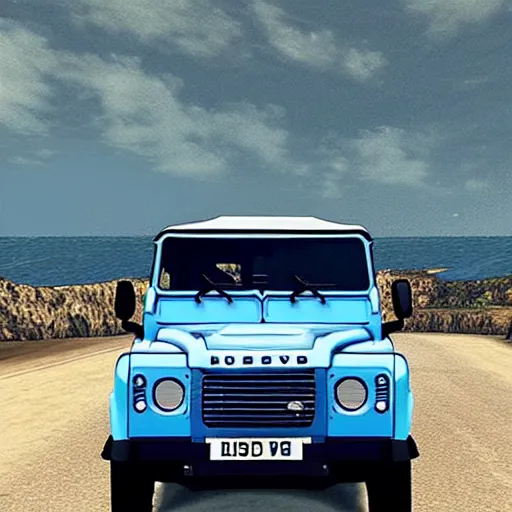 Image similar to “Blue Land Rover Defender. In the style of GTA 5.”