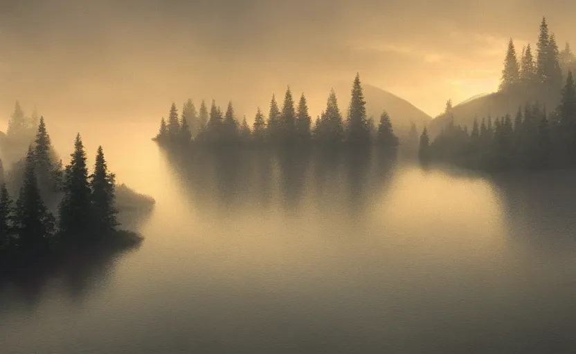 Image similar to a stranger lake directed by charlie kaufman ( 2 0 0 1 ) anamorphic lenses, foggy volumetric evening light, cinematic trending on artstation in the style of greg rutkowski