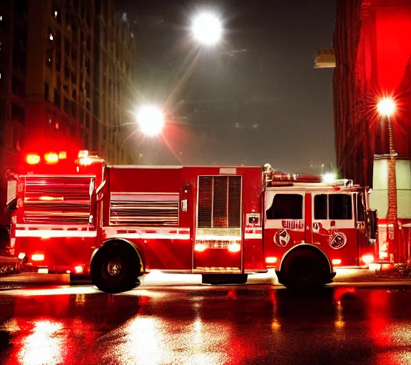 Image similar to A firetruck at night, city streets, back view, off angle, rule of thirds, dark shading, flashing lights, wet reflective concrete, city, photograph, award winning, deviantart