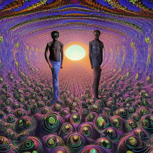 Image similar to a breathtaking 8 k resolution matte painting of a black boy lost inside a vast and endless four dimensional hall of mirrors, in a surreal psychedelic style, by m. c. escher and alex grey and android jones