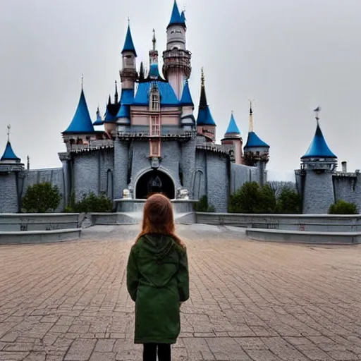 Image similar to a girl in chernobyl!!! disneyland castle made of reactor concrete blocks!! silent hill!! dark cloudy, atmospheric, foggy, wide angle