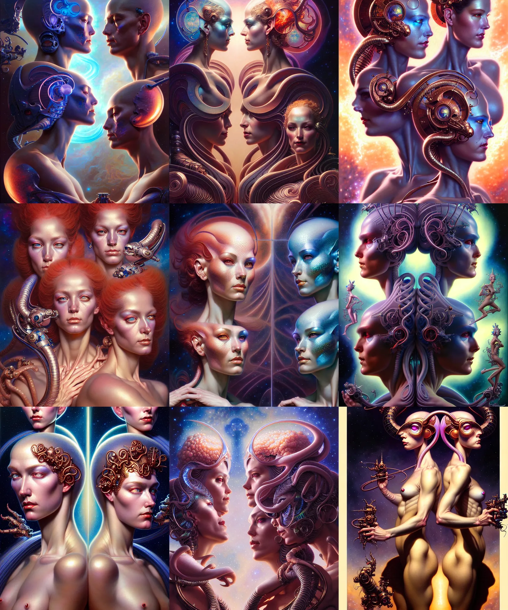 Image similar to beautiful gemini twins portrait, ultra realistic, wide angle, intricate details, holographic artifacts, highly detailed by peter mohrbacher, hajime sorayama, wayne barlowe, boris vallejo, aaron horkey, gaston bussiere, craig mullins