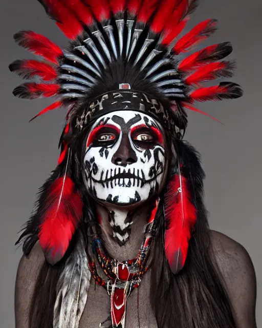 Prompt: the aztec ghost - spirit of the grim - warpaint wears the scarlet skull armor and native blood headdress feathers, midnight fog - mist!, cinematic lighting, various refining methods, micro macro autofocus, ultra definition, award winning photo