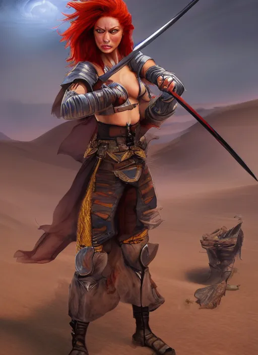 Image similar to Redhead female fighter with katana in desert, fantasy, medieval, vivid colors, fantasy, elegant, concept art, sharp focus, beautiful face, digital art, Hyper-realistic, 4K, Unreal Engine, Highly Detailed, HD, Dramatic Lighting by Brom, trending on Artstation