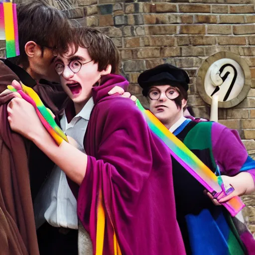 Image similar to harry potter hugs voldemort pride flag in background