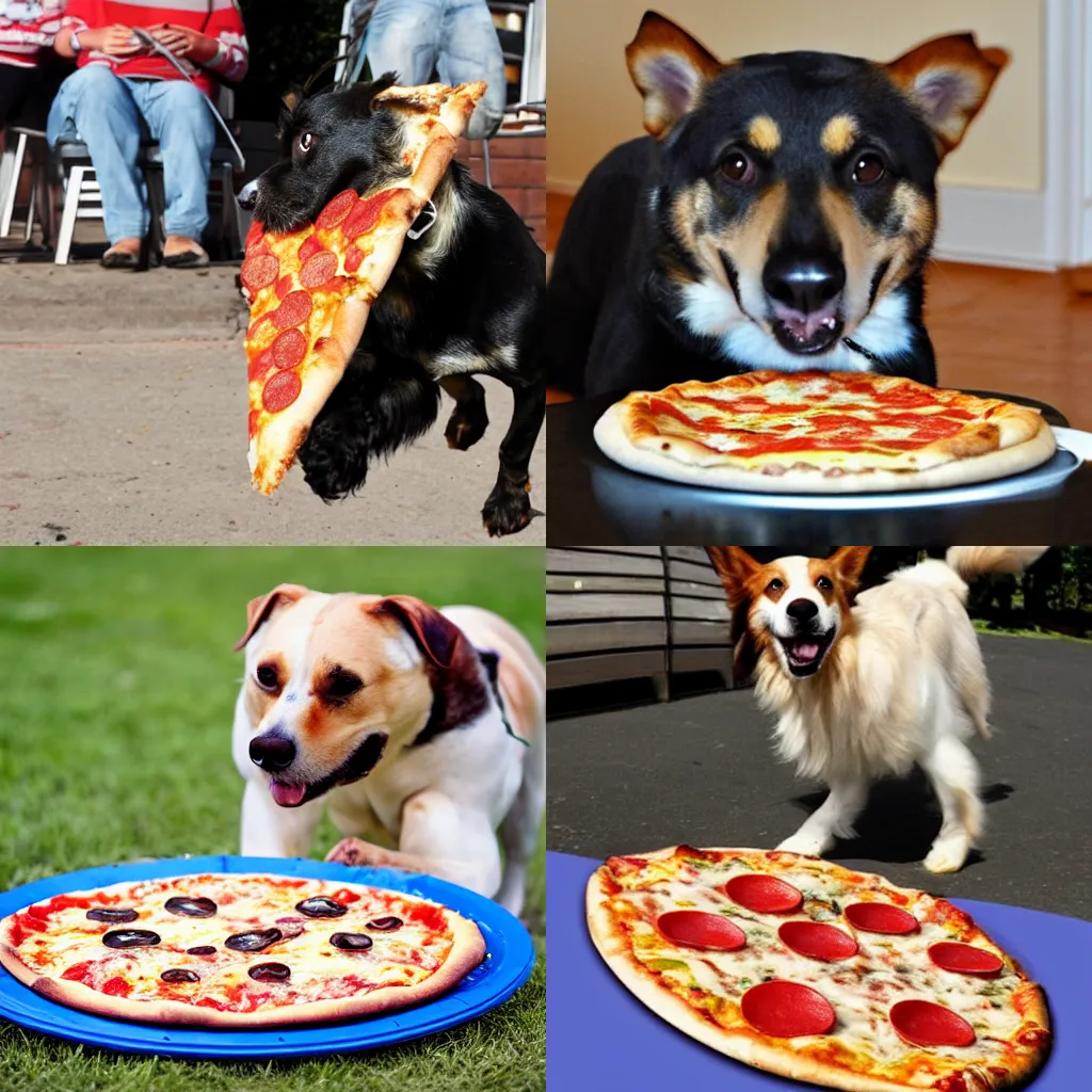 Prompt: a dog catching a cheese pizza like a Frisbee.