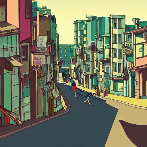 Image similar to city street, sloped street, city on tall hillside, street scene, rollerbladers grinding on rails, skaters, rollerskaters, cel - shading, 2 0 0 1 anime, flcl, jet set radio future, golden hour, japanese town, concentrated buildings, japanese neighborhood, electrical wires, cel - shaded, strong shadows, vivid hues, y 2 k aesthetic