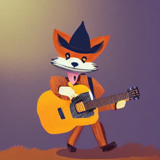 Prompt: a fox animal, wearing cowboy hat, wearing plaid shirt, playing guitar, in barn, album cover style, artstation