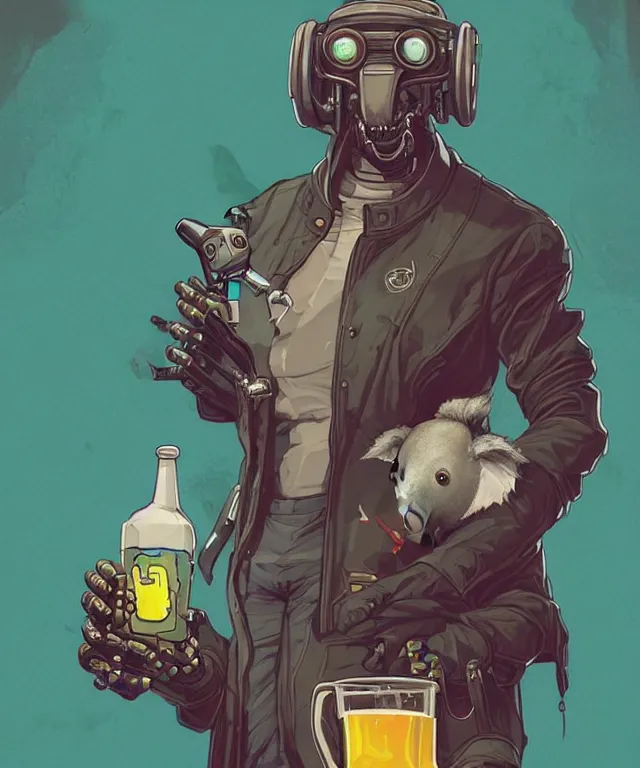 Image similar to a portrait of an anthropomorphic cyberpunk koala holding a 4 0 oz beer, cyberpunk!, fantasy, elegant, digital painting, artstation, concept art, matte, sharp focus, illustration, art by josan gonzalez