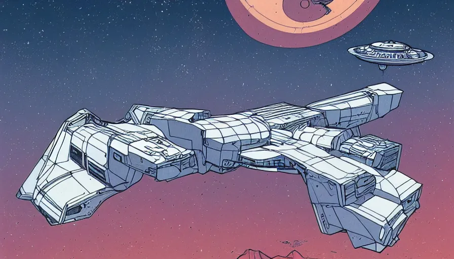 Image similar to flat color illustration of futuristic spacecraft by moebius and sparth,