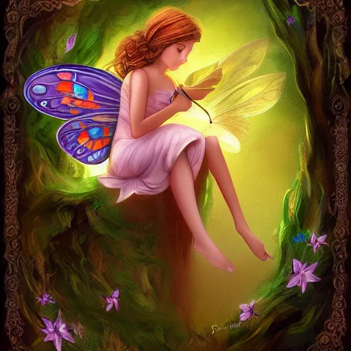 Prompt: a very beautiful fairy with a beautiful detailed face, the fairy hovers above an old opened book, digital painting, fantasy art