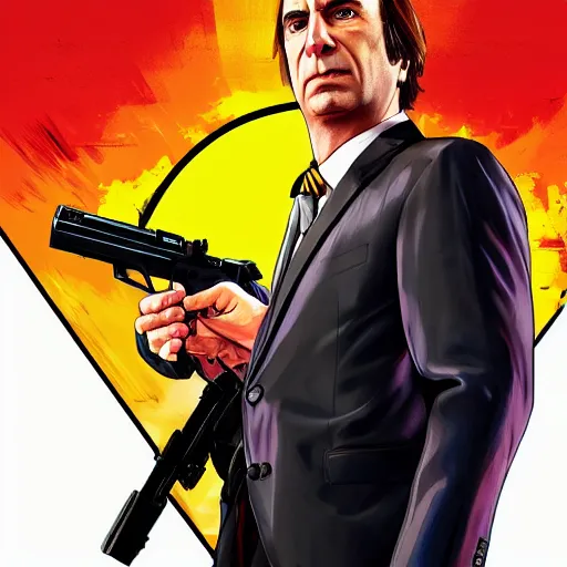 Image similar to saul goodman standing in the sun holding a smg gun, grand theft auto 5 artwork