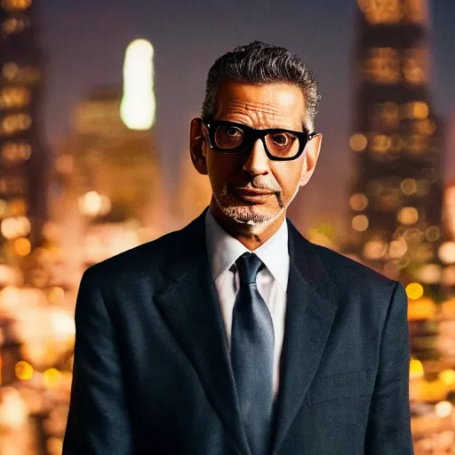 Image similar to a still of Jeff Goldblum . Shallow depth of field. City at night in background, lights, colors ,studio lighting, mood, 4K. Profession photography