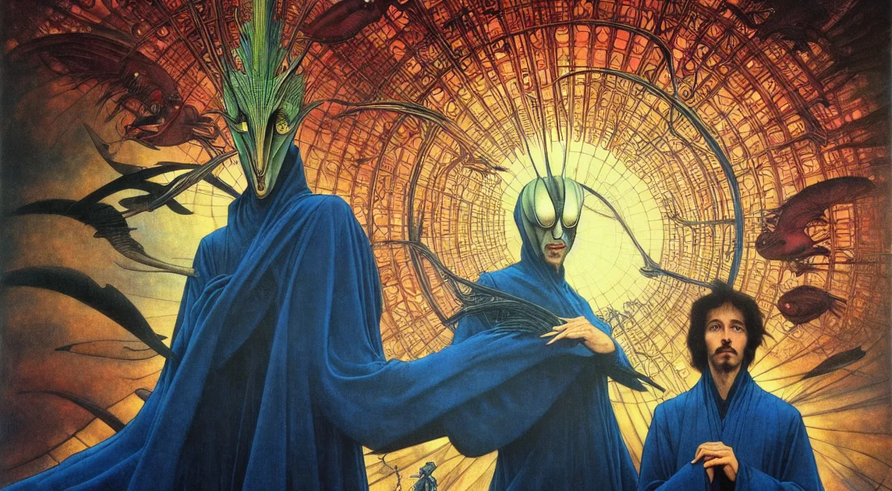 Image similar to realistic detailed portrait movie shot of a birdman wearing dark robes, sci fi city landscape background by denis villeneuve, amano, yves tanguy, alphonse mucha, ernst haeckel, max ernst, roger dean, masterpiece, rich moody colours, blue eyes, occult