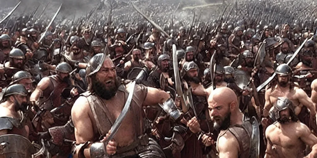 Image similar to Bernie Sanders as Leonidas, with Leonidas beard, leading Spartans into battle at Battle of Thermopylae, in screenshot from the 300 movie