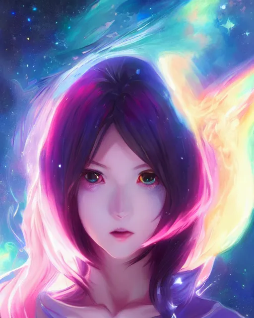 Image similar to A realistic anime portrait of a beautiful cosmic woman with glowing rainbow eyes and cosmic skin wearing clothes made of universes, digital painting, by Stanley Artgerm Lau, Sakimichan, WLOP , Makoto Shinkai and Rossdraws, digital painting, trending on ArtStation, SFW version