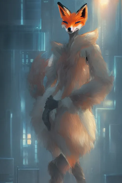 Image similar to a fox fursona, trending on artstation, by kawacy, furry art, digital art, cyberpunk, high quality, backlighting