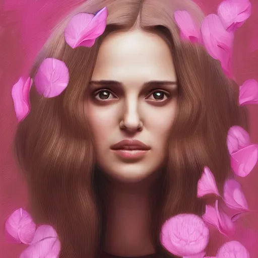 Image similar to the professional, pink petals with a a bored natalie portman mixed with mona lisa, intricate, elegant, highly detailed, wonderful eyes, sweet, digital painting, artstation, concept art, smooth, sharp focus, illustration, art by artgerm and greg rutkowski and concept art, rectilinear vaporwave