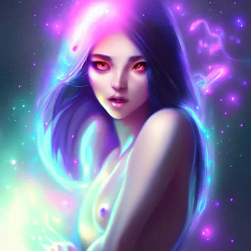 Prompt: mystical female creature with glowing energies and particals, surrounded by spirits, gloomy cinematic lighting, highly detailed, illustrated novel, by artgerm