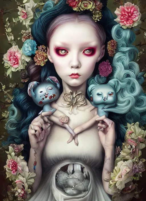 Image similar to pop surrealism, lowbrow art, realistic cute girl painting, japanese street fashion, hyper realism, muted colours, rococo, natalie shau, loreta lux, tom bagshaw, mark ryden, trevor brown style,