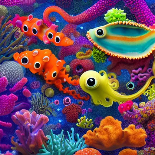 Prompt: a group of cephalopod - like alien creatures swim through a vividly colorful complex diverse bright dense coral reef in the ocean of an alien world, coral, coral reef, sealife, alien oceans, alien worlds, 4 k resolution, ultra realistic, hyperdetailed, photorealism, trending on artstation