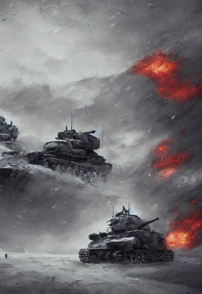 Image similar to handmade illustration of an epic and dramatic World War II war winter scene with german and soviet tanks involved, heavy snow storm, some mist grey smoke and fire, blue sky with dramatic clouds, line art, ink, ol on canvas by Kilian Eng and by Jake Parker, heavy brushstrokes, winning-award masterpiece, fantastic, octane render, 8K HD Resolution, High quality image