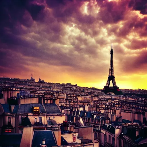 Image similar to epic paris, epic sky, cinematic light