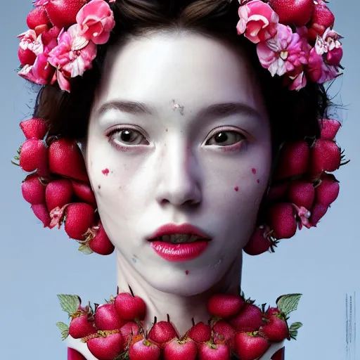 Prompt: the face of absurdly beautiful, graceful, elegant, sophisticated, sensual mature gravure idol made of strawberries and white pink petals with tears, an ultrafine hyperrealistic photograph by kim jung gi, irakli nadar, intricate linework, bright colors, final fantasy, unreal engine highly rendered, global illumination, radiant light, intricate environment, cherries in background