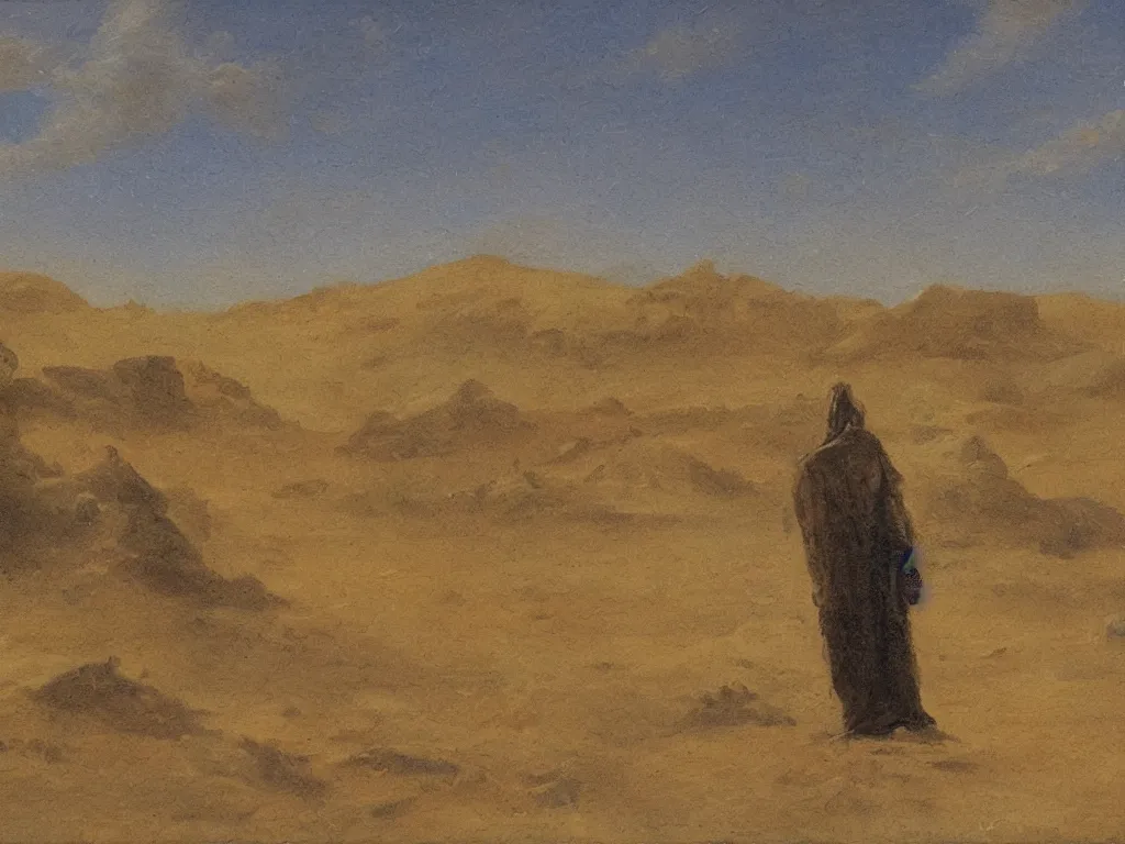 Image similar to scene with figure in the desert. painting by ernst steiner