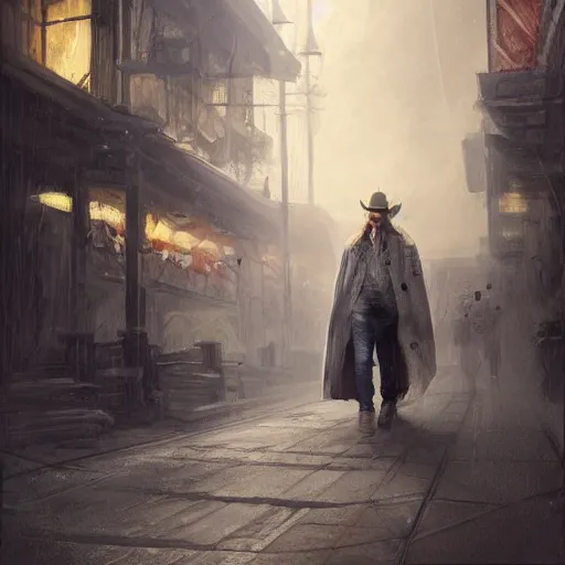 Image similar to portrait of a man with a long duster, grey hair and a cowboy hat walking in a western town, hard good looking face, middle aged, drawn by Ruan Jia, fantasy art, dramatic lighting, digital art, 8k, highly detailed