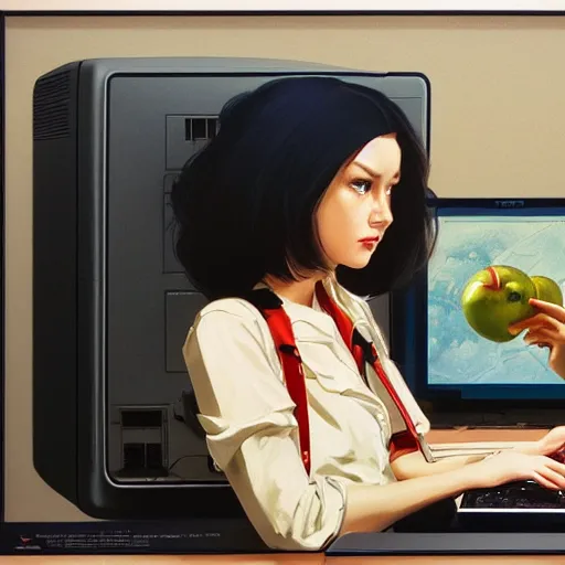 Image similar to hacker girl sits at an apple ] [ e computer in the 1 9 8 0 s, realistic shaded lighting poster by ilya kuvshinov katsuhiro otomo, magali villeneuve, artgerm, jeremy lipkin and michael garmash and rob rey