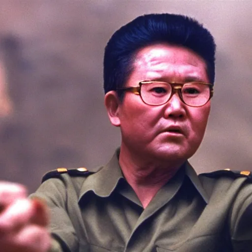 Image similar to a filmstill of Kim Jong-il as Rambo in Rambo First blood