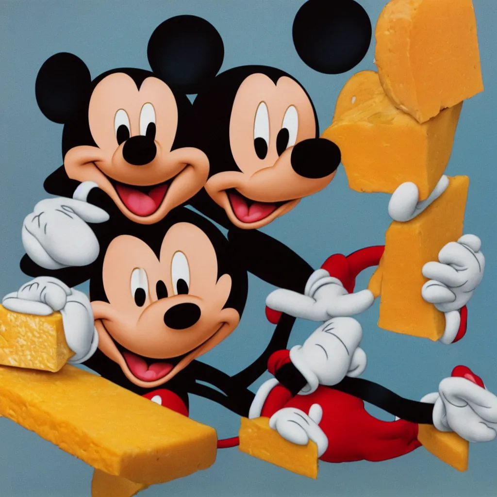 Prompt: a solo portrait of mickey mouse transformed into a block of cheese ektachrome photograph