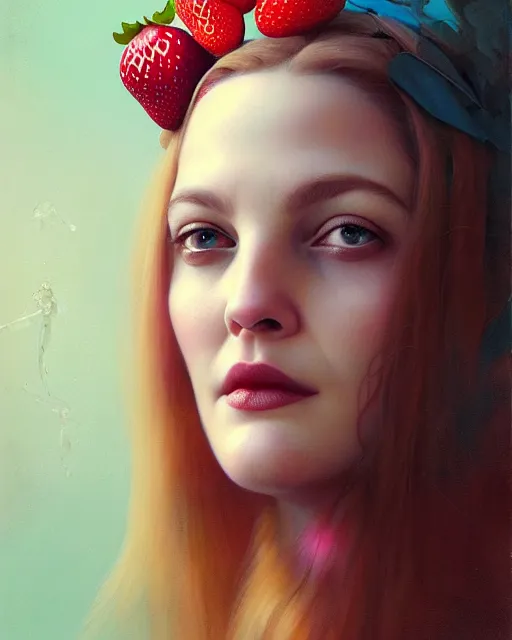 Image similar to beauty portrait, drew barrymore, strawberries, headgear leaves, wild berries, by tom bagshaw, greg rutkowski, ilya kuvshinov, craig mullins, intricate background. sharp focus, award winning, luminous