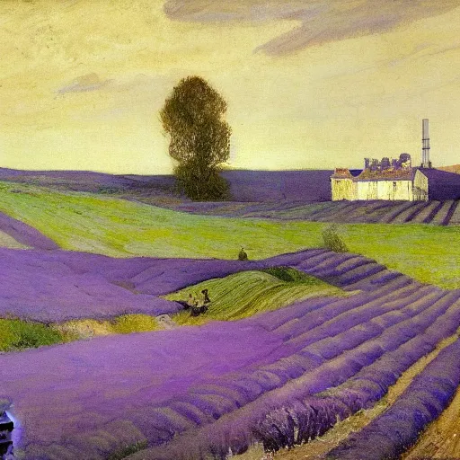 Image similar to painting of lavender field, highly detailed, beautiful lighting, mill in background by james abbott mcneill whistler