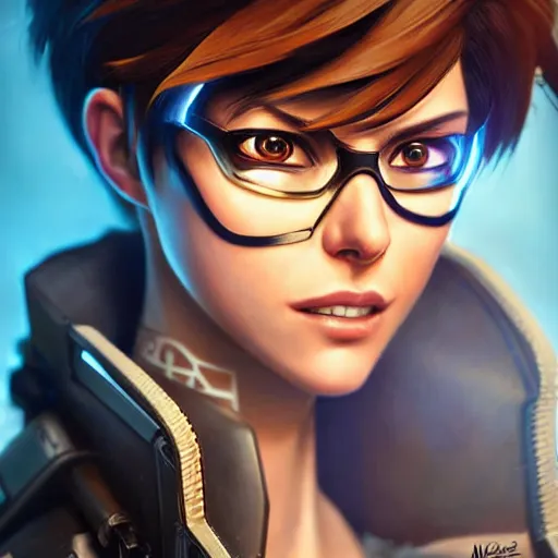 Image similar to tracer overwatch portrait, close up, concept art, intricate details, highly detailed photorealistic in the style of michael komarck, joel torres, seseon yoon, artgerm and warren louw