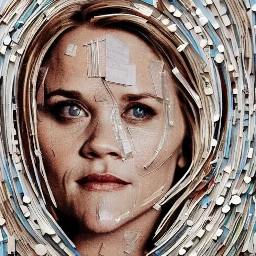 Image similar to a portrait of of reece witherspoon constructed from spoons, collage, drop shadow, organic, layered composition, layers, texture, mcu, petals, highly textured, layered, sculpted, dynamic,