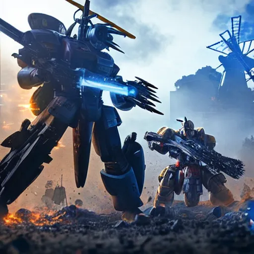 Image similar to gundam as dutch windmill in gears of war, splash art, movie still, cinematic lighting, ray tracing, octane render, long lens, shallow depth of field, bokeh, anamorphic lens flare, 8 k, hyper detailed, 3 5 mm film grain