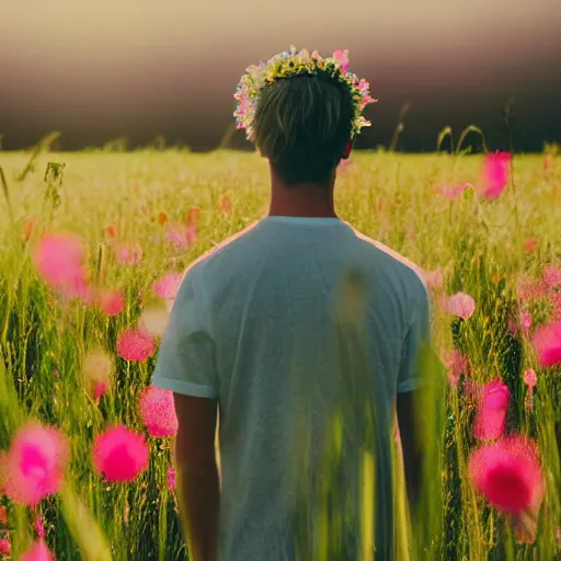 Image similar to revolog volvox photograph of a skinny blonde guy standing in a field of flowers, flower crown, back view, grain, moody lighting, telephoto, 9 0 s vibe, blurry background, vaporwave colors!, faded!,