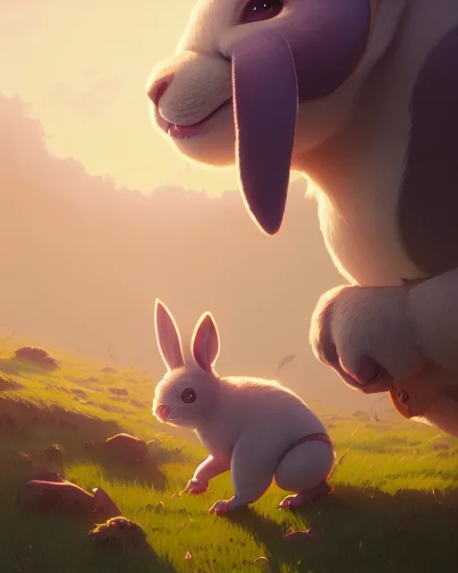 Image similar to highly detailed vfx portrait of a cute, happy big chungus, stephen bliss, unrealengine, greg rutkowski, loish, rhads, beeple, makoto shinkai and lois van baarle, ilya kuvshinov, rossdraws, tom bagshaw, global illumination, detailed and intricate environment