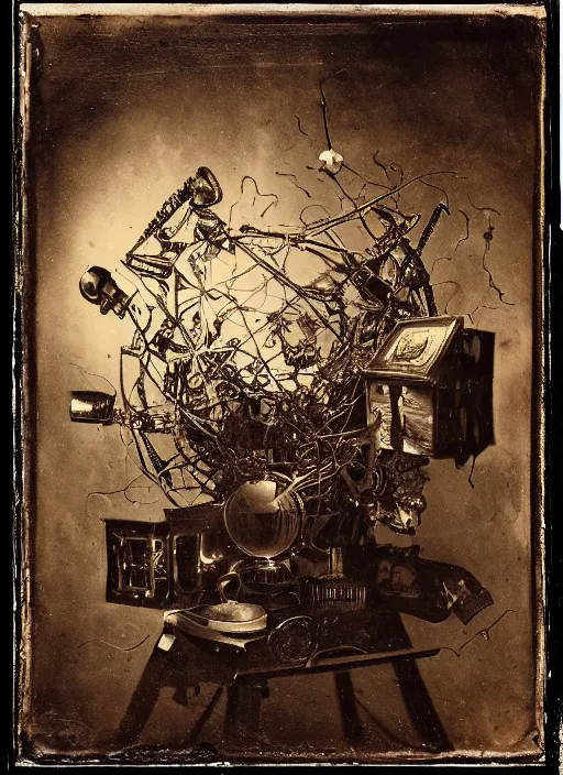 Image similar to old wetplate daguerreotype portrait of the birth of a genius, explosion of data fragments, fractal, intricate, elegant, highly detailed, parallax, leica, medium format, subsurface scattering, by jheronimus bosch and greg rutkowski and louis jacques mande daguerre